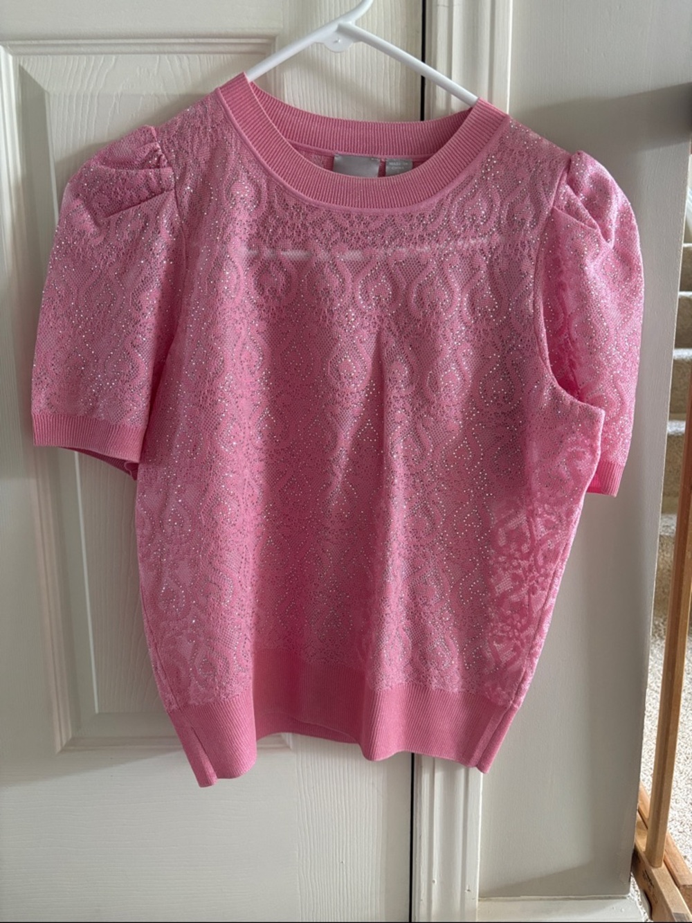 Pink Sparkle Knit Puff-Sleeve Top